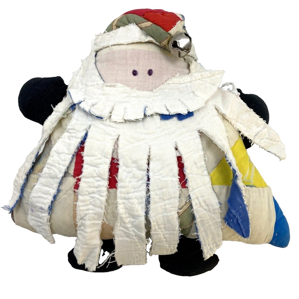 Unique Vtg‎ Handcrafted Quilted Santa Claus Triangle Plush Rag Beard Bell 8 In